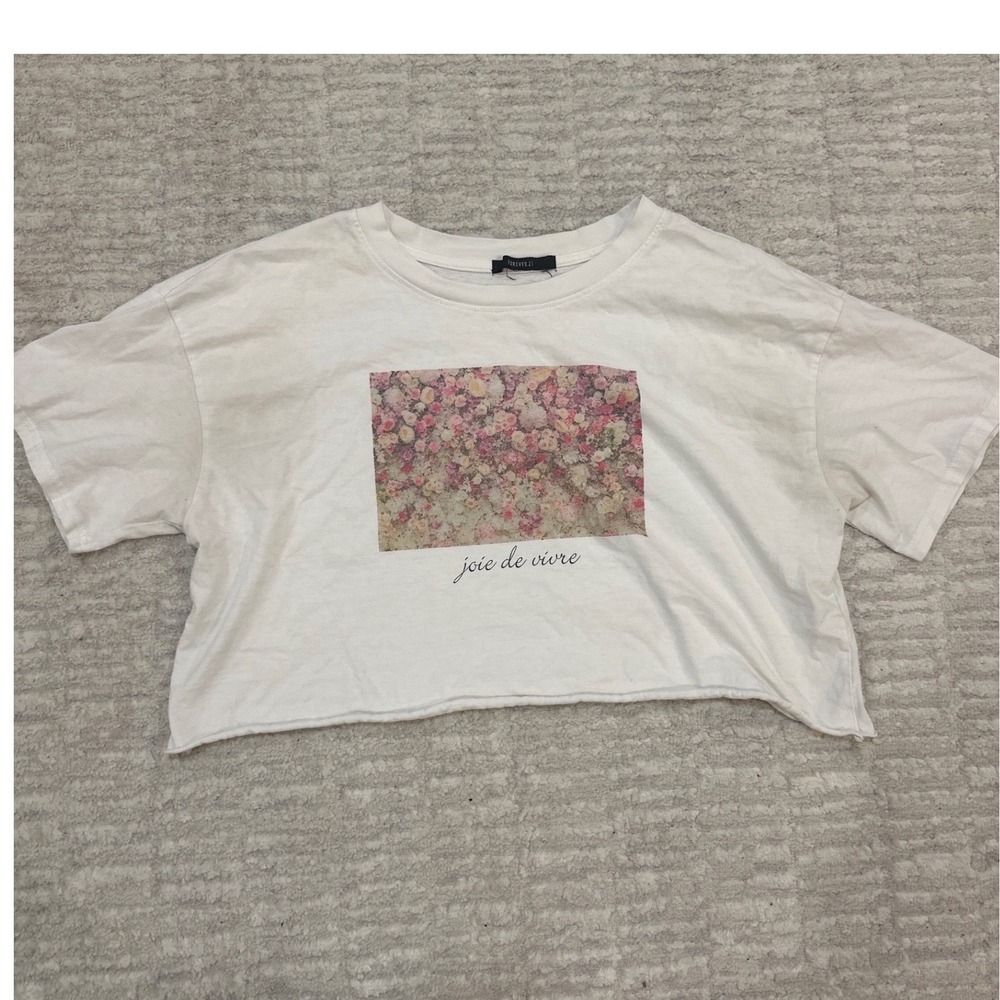 White‎ Cropped T Shirt Tee Cotton Floral Graphic Joie de vivre sz M